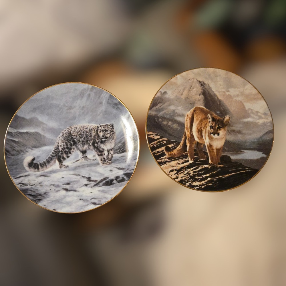 VTG Charles Frace Collector Plate Set 2 Dinner 8"‎ Multi Cougar Snow Leopard USA